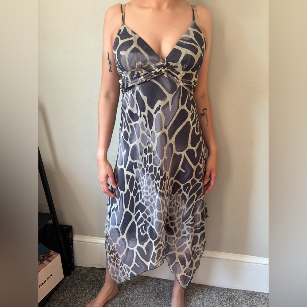 Y2K Whimsical Silk Giraffe Print Grey Asymmetrical Fairy Hem Slip on Dress XS
